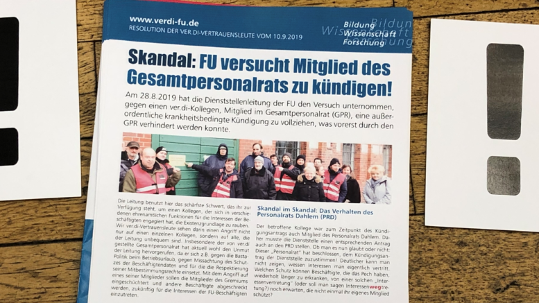 Skandal: Kündigungsversuch des Präsidiums der Freien Universität Berlin gegen Mitglied des Gesamtpersonalrats